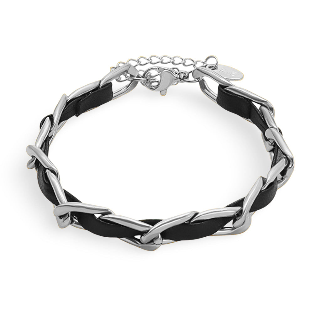 Bracelet Constance en titane argenté entrelacé avec cordelette en cuir noir et fermoir ajustable.