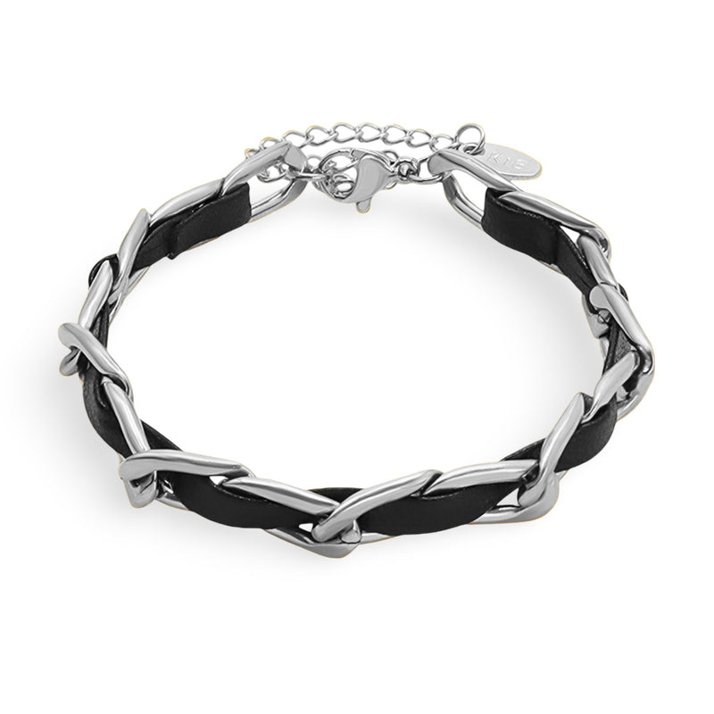 Bracelet Constance en titane argenté entrelacé avec cordelette en cuir noir et fermoir ajustable.