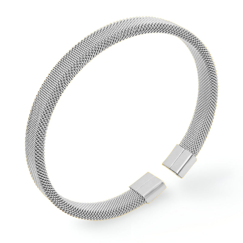 Bracelet rigide en titane argenté, finition tressée fine, fermoir carré lisse.