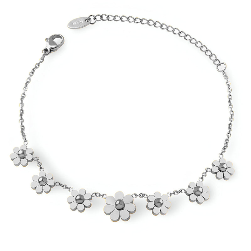 Bracelet en argent avec fleurs délicates sur chaine fine et fermoir mousqueton.