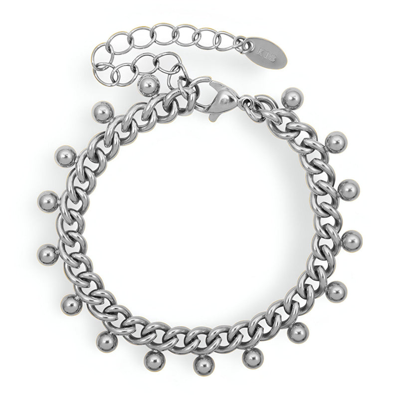 Bracelet en titane argenté chaîne épaisse avec petites perles rondes suspendues.