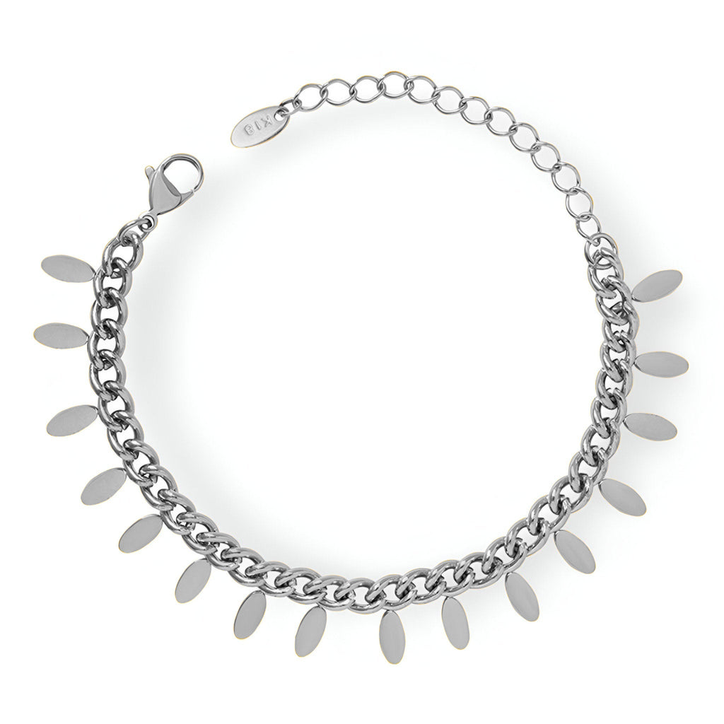 Bracelet chaîne en titane argent avec petits médaillons ovales suspendus.
