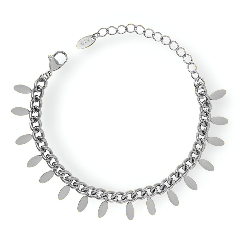 Bracelet chaîne en titane argent avec petits médaillons ovales suspendus.