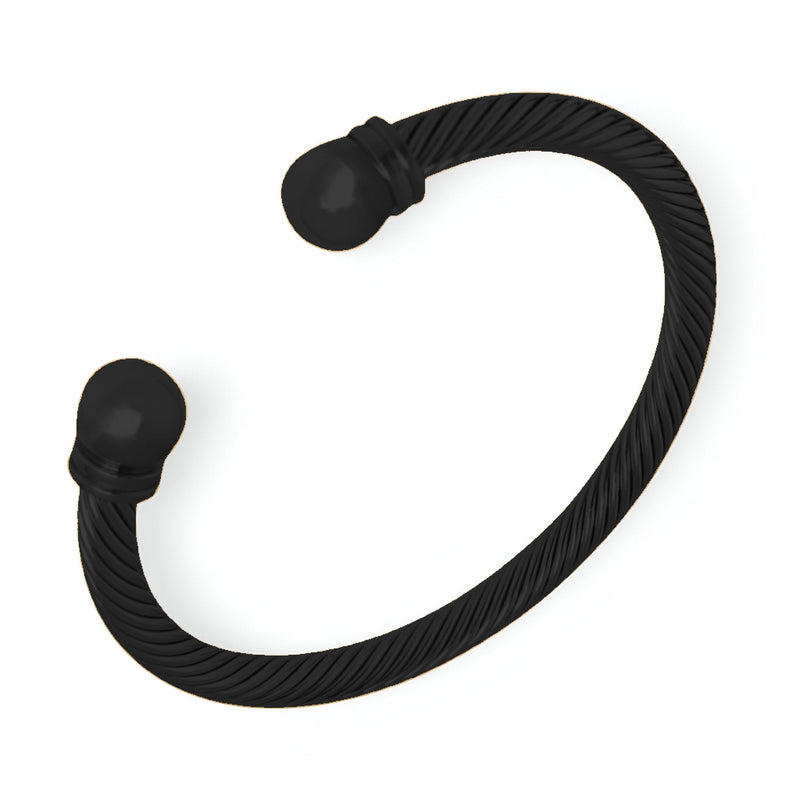 Bracelet jonc ouvert noir en titane torsadé avec embouts ronds noirs mats.