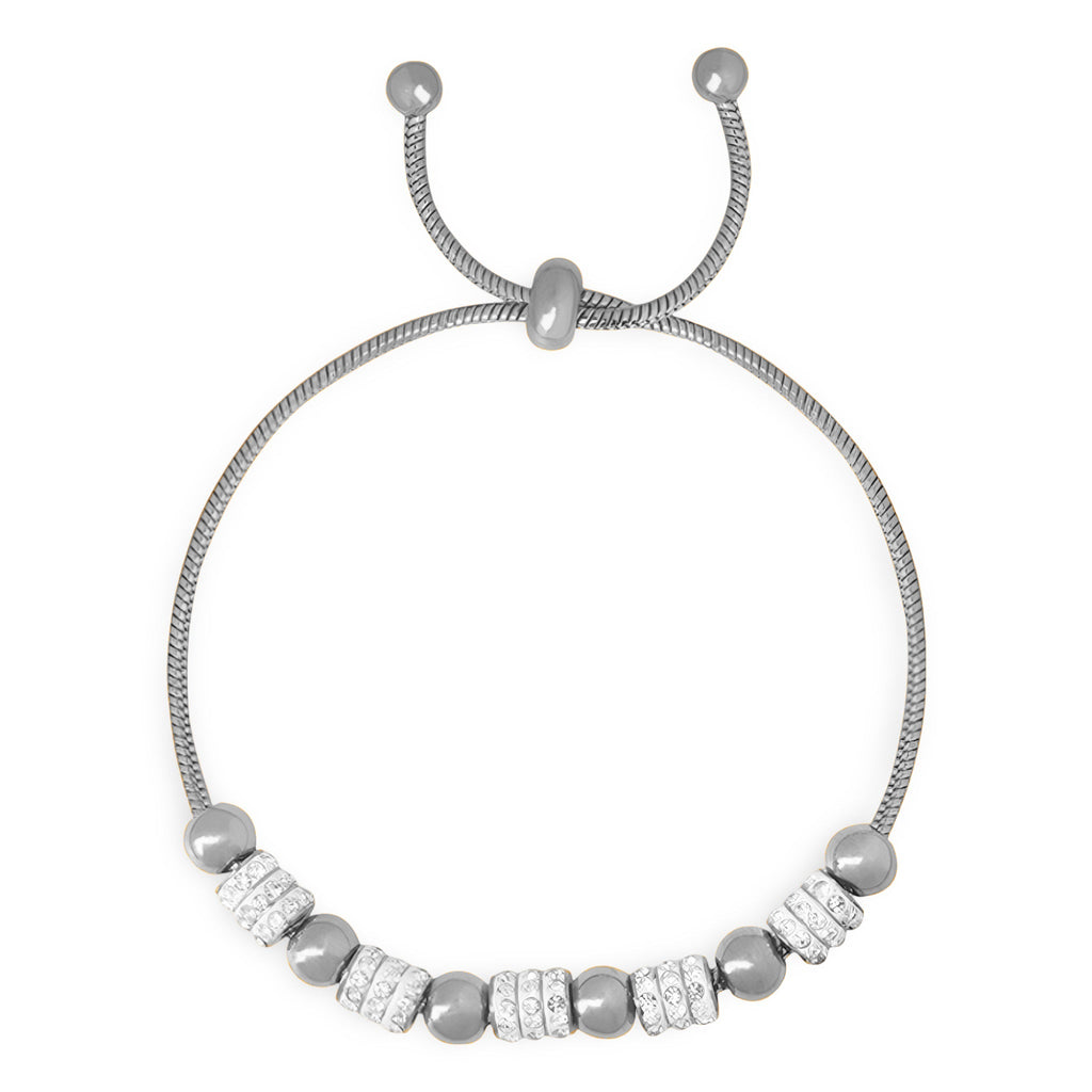 Bracelet ajustable en titane argenté avec perles argentées et pierres de cristal blanches étincelantes.