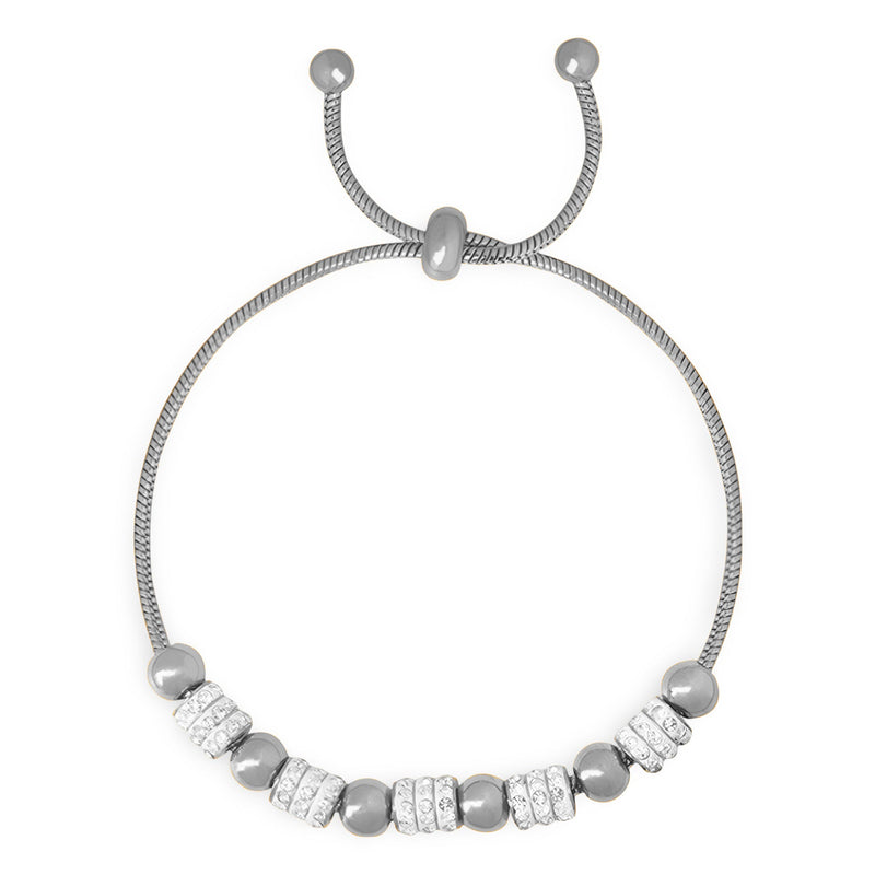 Bracelet ajustable en titane argenté avec perles argentées et pierres de cristal blanches étincelantes.