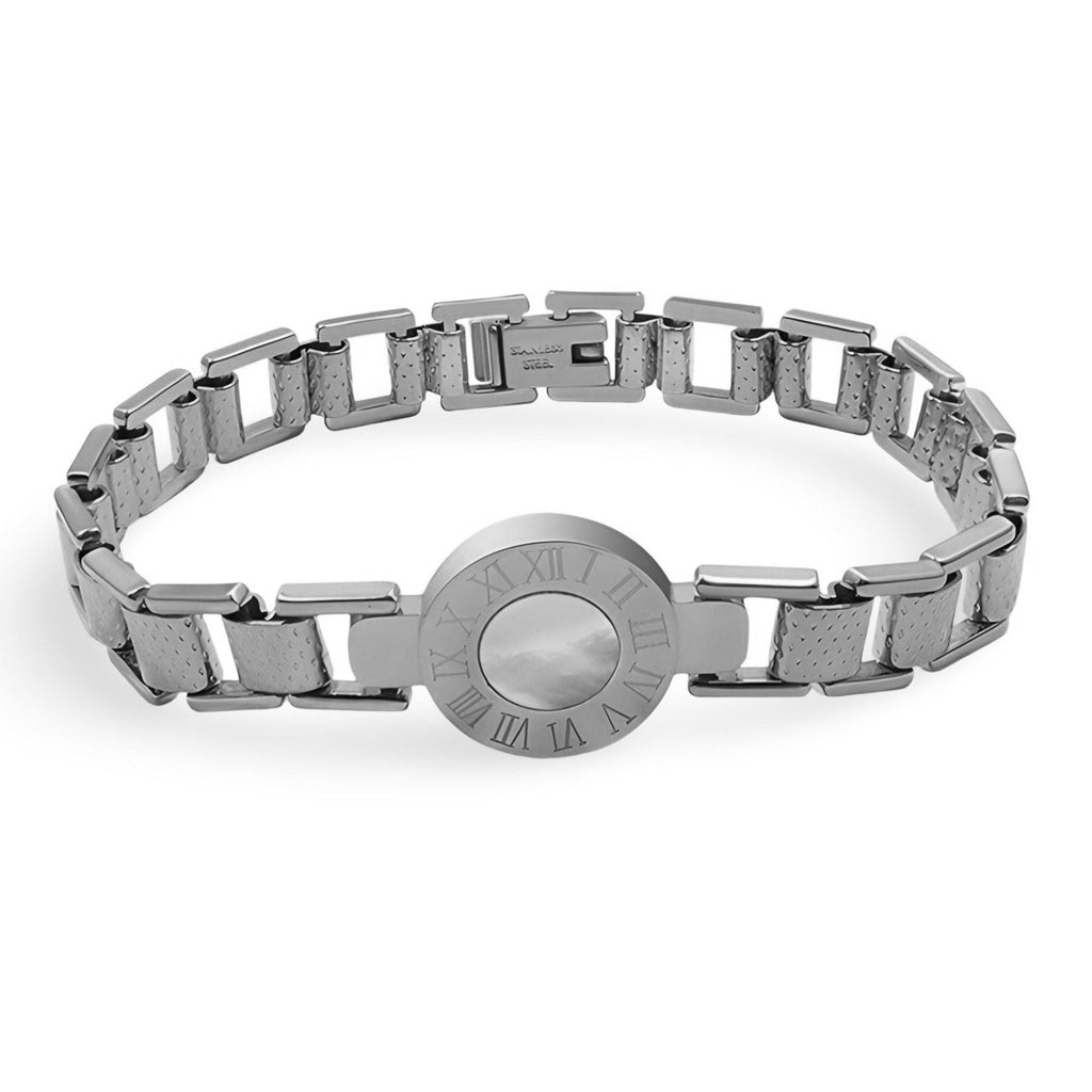 Bracelet en titane argenté avec cadran imitation, chiffres romains gravés, modèle Jane.