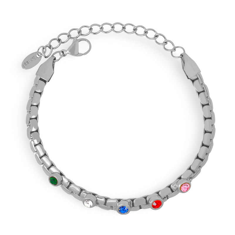Bracelet en titane argenté avec chaîne réglable et pierres de zircons multicolores incrustées.
