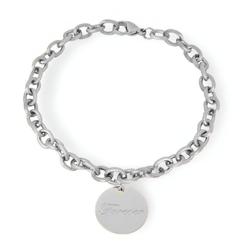 Bracelet chaîne en titane argenté avec médaillon circulaire gravé "Forever".