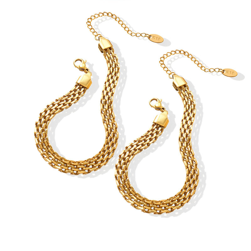 Bracelet double chaîne en titane plaqué or, style montre, fermoir mousqueton, chaîne réglable.