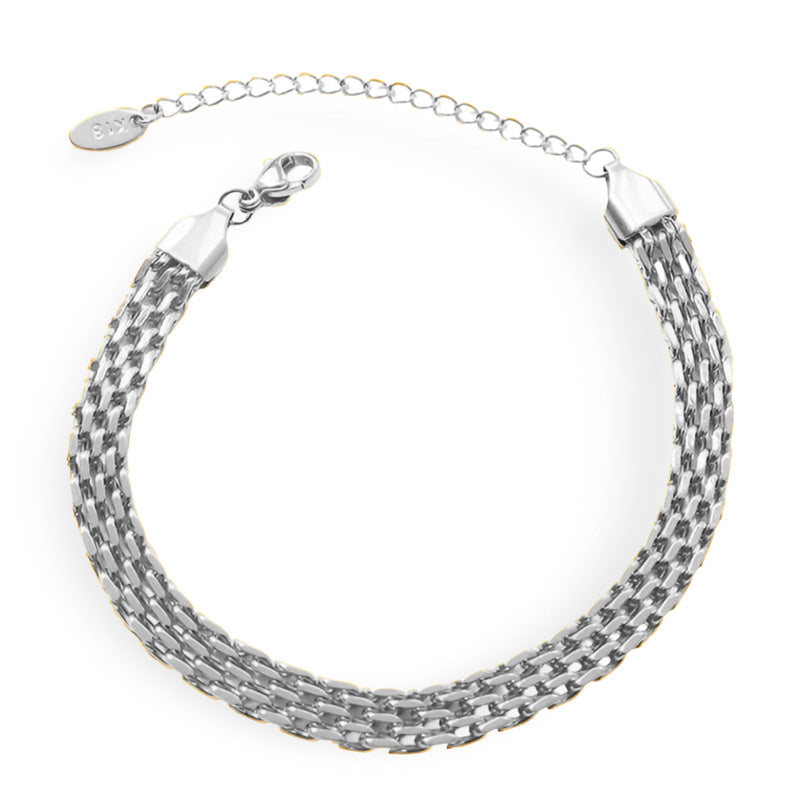 Bracelet femme chaîne en titane plaqué argent style montre avec fermoir maille tressée.
