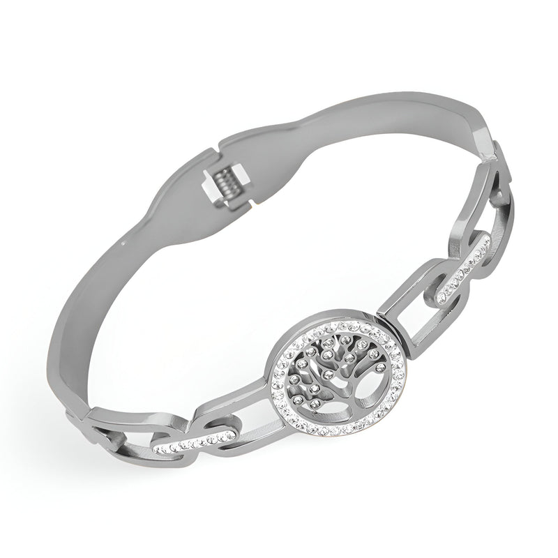 Bracelet en titane argenté avec pendentif arbre de vie rond et maillons élégants.