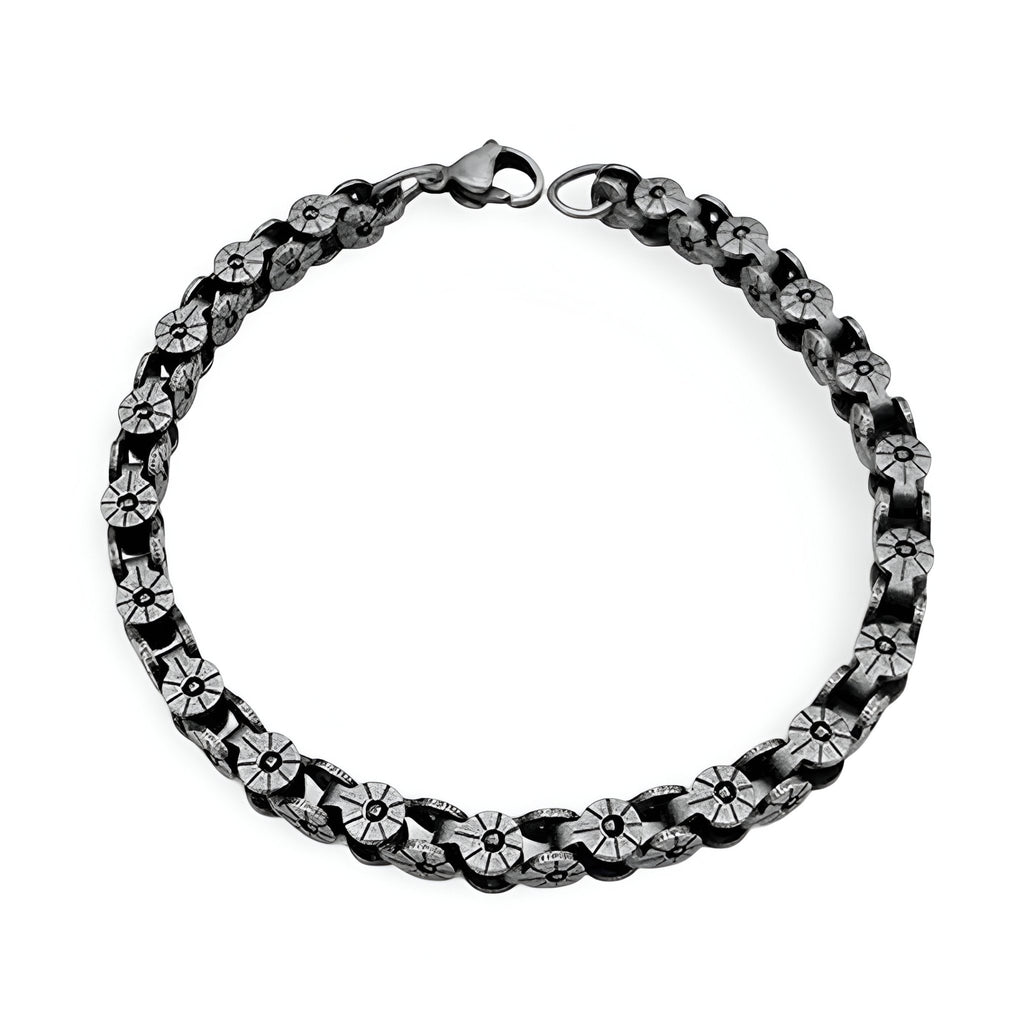 Bracelet homme en titane gris, design ancien avec maillons floraux détaillés et fermoir mousqueton.