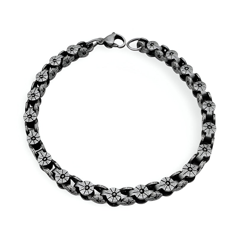 Bracelet homme en titane gris, design ancien avec maillons floraux détaillés et fermoir mousqueton.