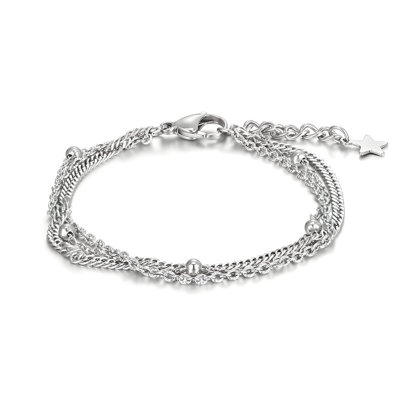 Bracelet triple en titane argenté pour homme avec chaînes fines et fermoir mousqueton, modèle Lionel.