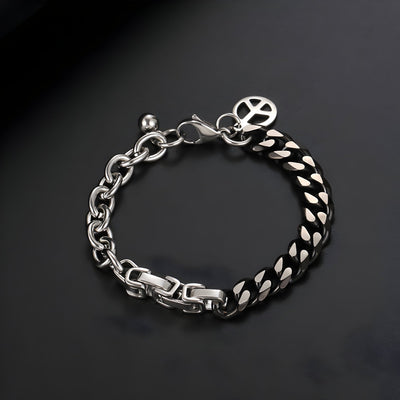 Bracelet homme en titane argent et noir, triple maille avec pendentif peace and love.