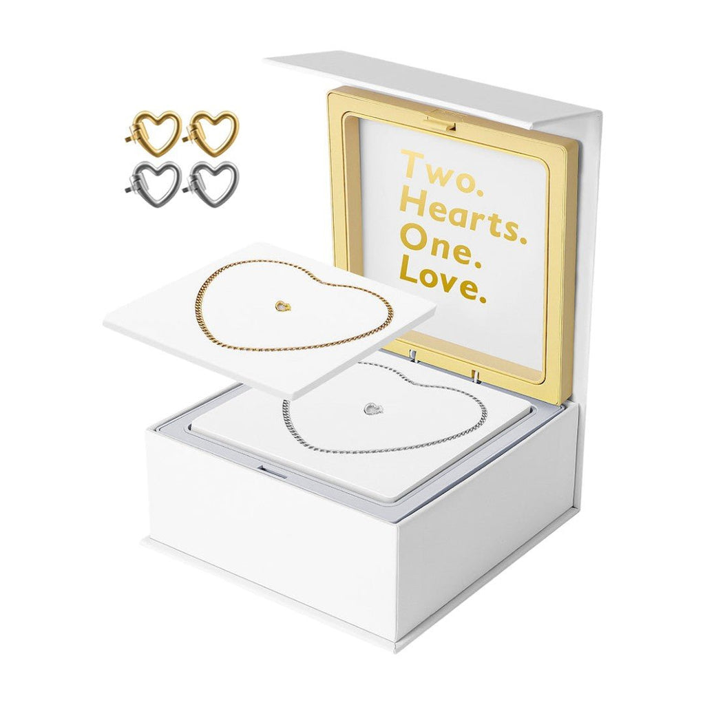 Paires de bracelets éternels en acier inoxydable doré et argenté en forme de cœur, présentés dans un coffret blanc avec.