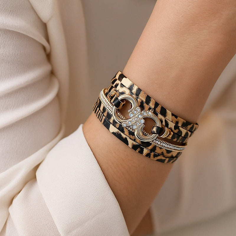 Women's fashion multi-strand bracelet, vegan leather and rhinestones, elegant magnetic clasp, infinity motif, Pyrna model