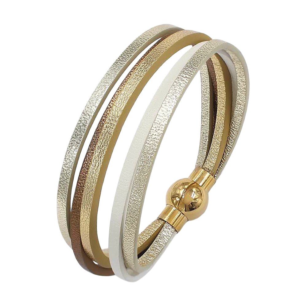 Bracelet femme multi lanières simili vegan, bracelet manchette design doré et marron, accessoire élégant fermoir aimanté, modèle Elyra