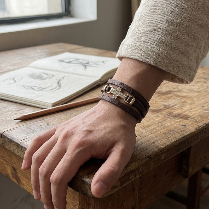 Women's Multi-Strand Bracelet, Gold Christian Cross, Sparkling Rhinestones, Vegan Leather, Magnetic Clasp, Spiritual Jewelry, Spirita Model