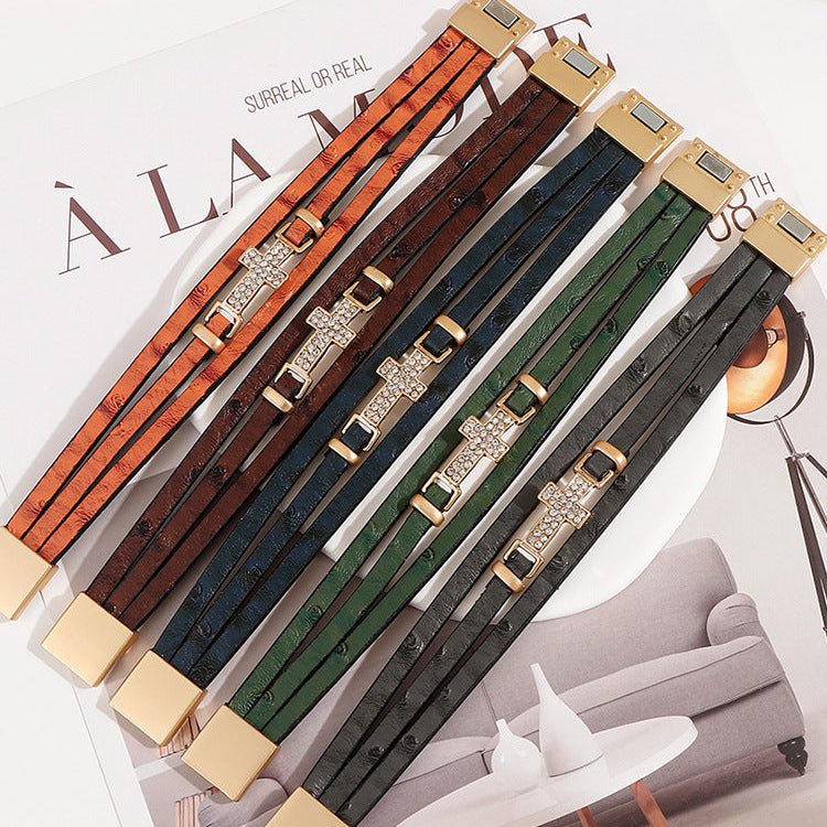 Women's Multi-Strand Bracelet, Gold Christian Cross, Sparkling Rhinestones, Vegan Leather, Magnetic Clasp, Spiritual Jewelry, Spirita Model