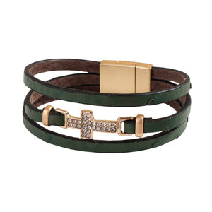 Women's Multi-Strand Bracelet, Gold Christian Cross, Sparkling Rhinestones, Vegan Leather, Magnetic Clasp, Spiritual Jewelry, Spirita Model