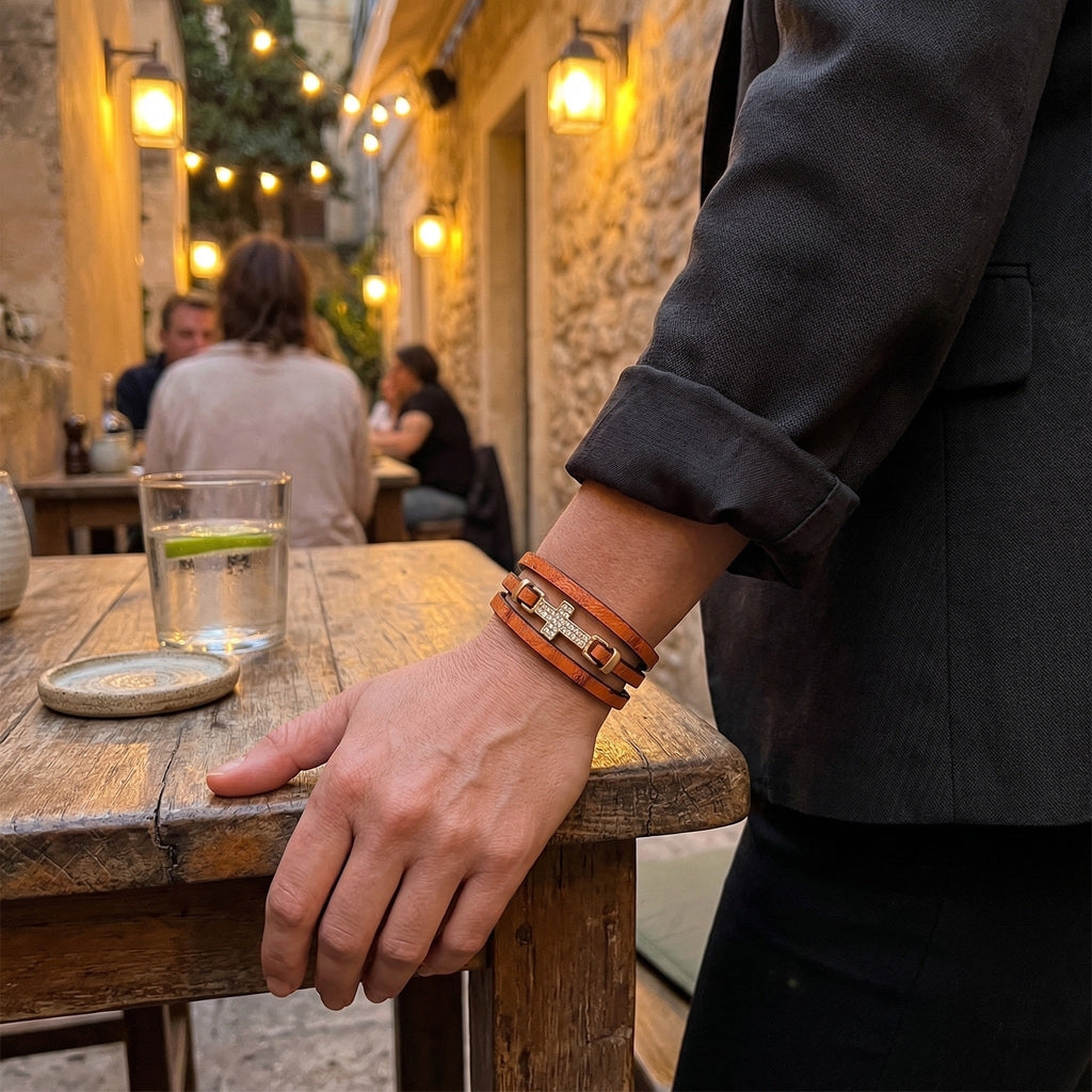 Women's Multi-Strand Bracelet, Gold Christian Cross, Sparkling Rhinestones, Vegan Leather, Magnetic Clasp, Spiritual Jewelry, Spirita Model