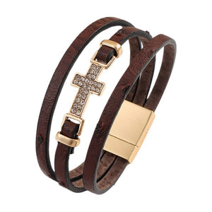Women's Multi-Strand Bracelet, Gold Christian Cross, Sparkling Rhinestones, Vegan Leather, Magnetic Clasp, Spiritual Jewelry, Spirita Model