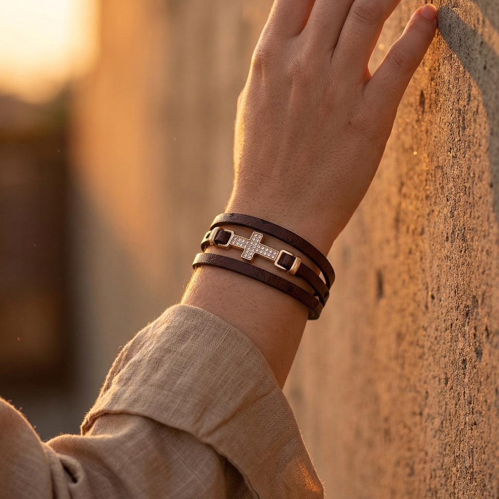 Women's Multi-Strand Bracelet, Gold Christian Cross, Sparkling Rhinestones, Vegan Leather, Magnetic Clasp, Spiritual Jewelry, Spirita Model