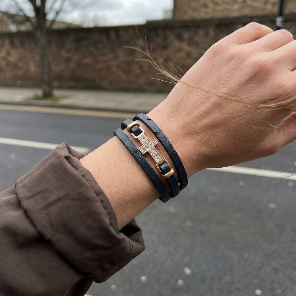 Women's Multi-Strand Bracelet, Gold Christian Cross, Sparkling Rhinestones, Vegan Leather, Magnetic Clasp, Spiritual Jewelry, Spirita Model