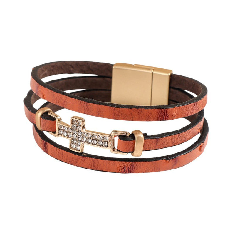 Women's Multi-Strand Bracelet, Gold Christian Cross, Sparkling Rhinestones, Vegan Leather, Magnetic Clasp, Spiritual Jewelry, Spirita Model