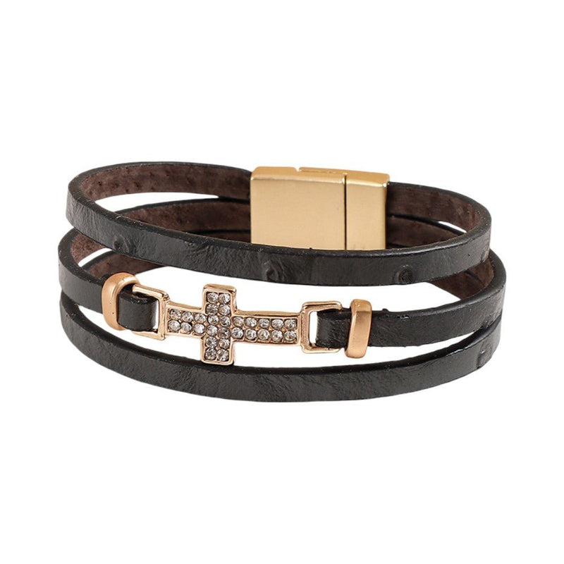 Women's Multi-Strand Bracelet, Gold Christian Cross, Sparkling Rhinestones, Vegan Leather, Magnetic Clasp, Spiritual Jewelry, Spirita Model