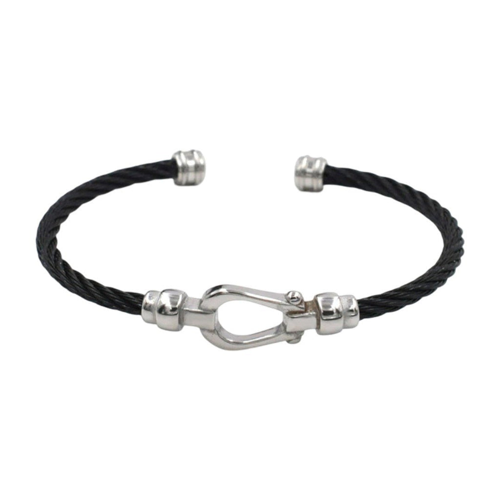 Bracelet jonc fer à cheval en câble torsadé noir avec fermoir en acier inoxydable argenté.