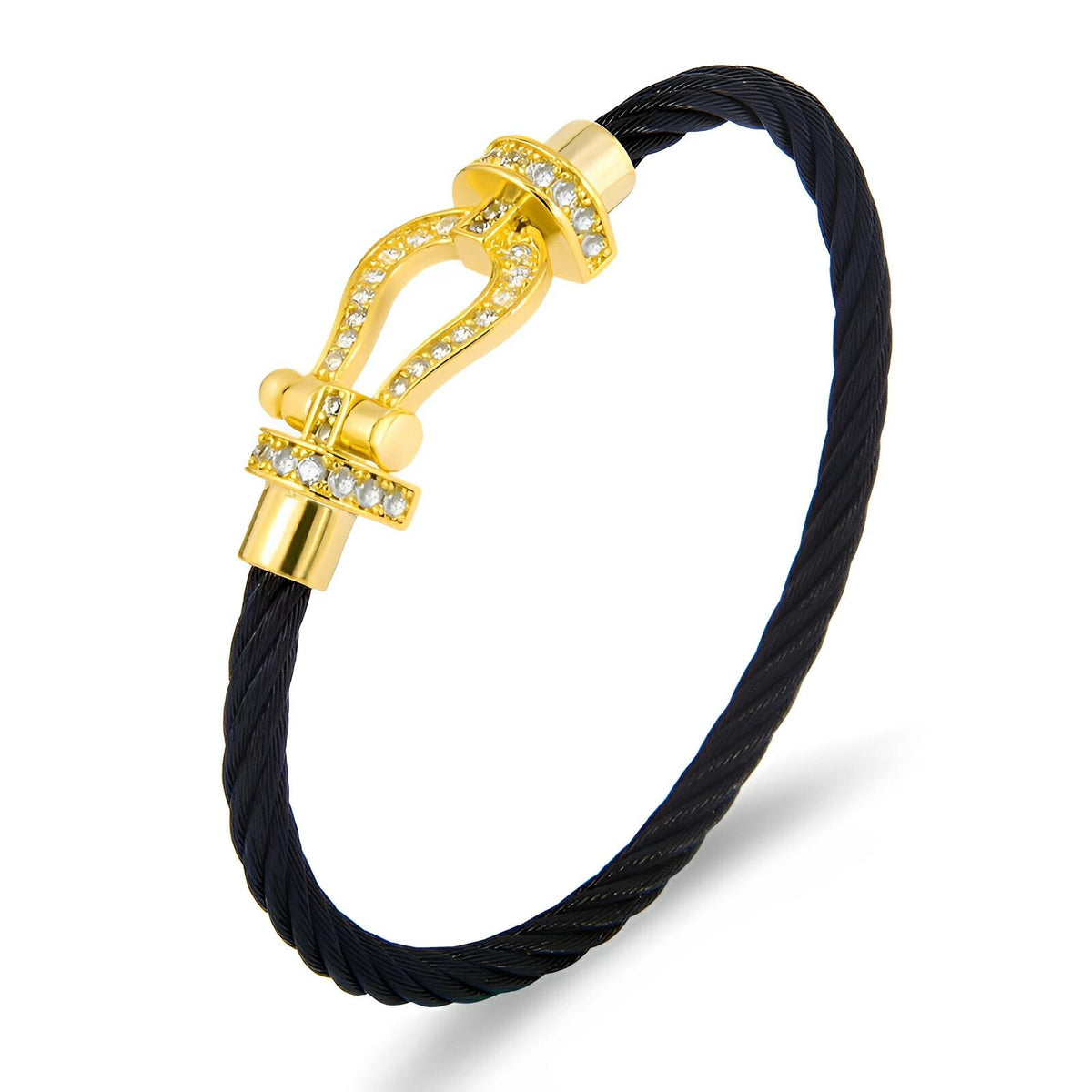 Bracelet femme cordon titane noir fermé par un fer à cheval or serti de cristaux brillants.