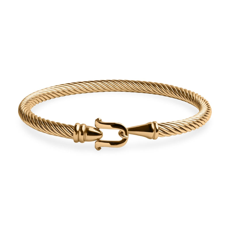 Bracelet fer à cheval en acier inoxydable doré, texture torsadée, fermoir original en forme de cliquet.