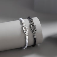 Bracelet fer à cheval en argent sterling avec zircon étincelant, cordon tressé blanc ou noir, pour femme.