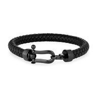 Bracelet homme en cuir noir tressé avec fermoir acier inoxydable noir style fer à cheval.