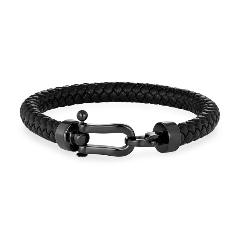 Bracelet homme en cuir noir tressé avec fermoir acier inoxydable noir style fer à cheval.