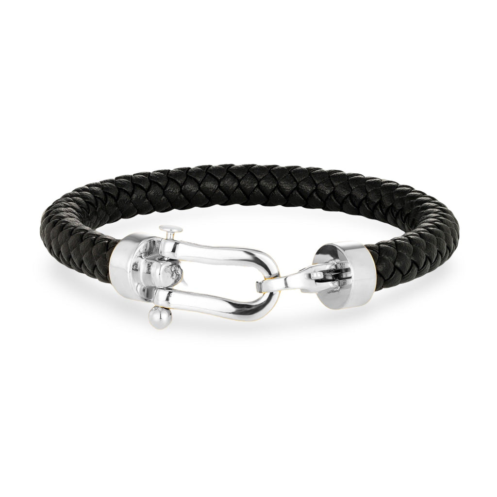 Bracelet homme en cuir noir tressé avec fermoir en acier inoxydable argenté forme fer à cheval.