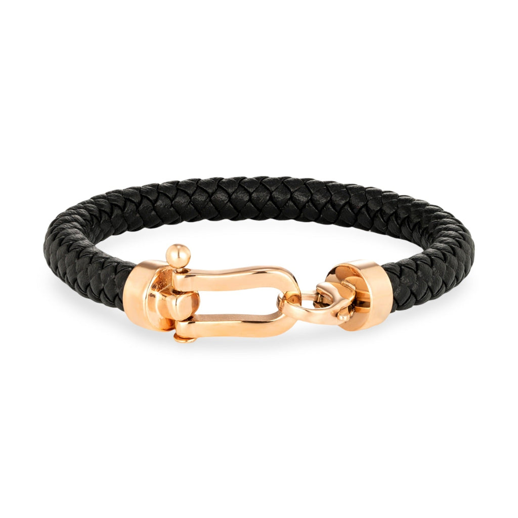 Bracelet homme en cuir noir tressé avec fermoir en acier inoxydable or rosé modèle fer à cheval Christian.