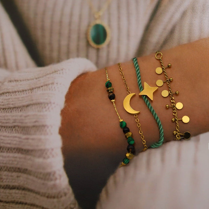 Pulsera fina de acero inoxidable dorado, con perlas acrílicas verdes y negras, joya ajustable para mujer, modelo Ushane