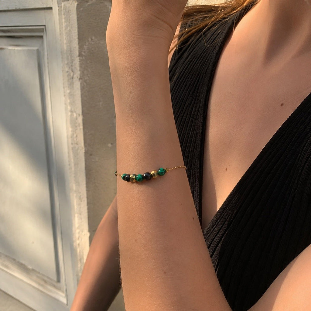 Pulsera fina de acero inoxidable dorado, con perlas acrílicas verdes y negras, joya ajustable para mujer, modelo Ushane