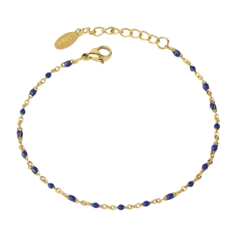 Bracelet fin doré en acier inoxydable avec maille forçat et petites perles bleues, fermoir mousqueton réglable.