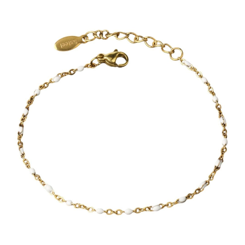 Bracelet fin doré en acier inoxydable avec maille forçat plaquée or, perles colorées et fermoir mousqueton réglable.