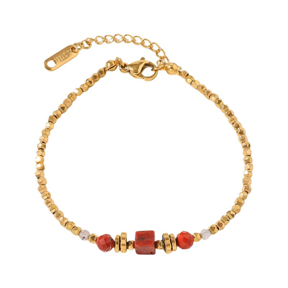 Pulsera fina para mujer de acero inoxidable, adornada con perlas doradas, realzada con jaspe rojo y decorada con cristales brillantes, ideal para un estilo elegante, modelo Valène