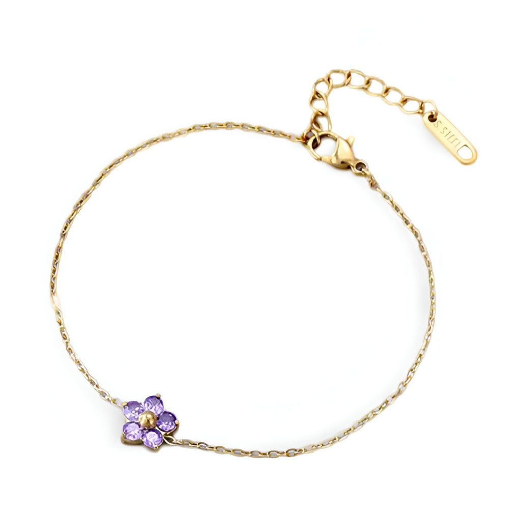 Bracelet femme chaîne fine acier inoxydable avec fleur colorée violette zirconiums.