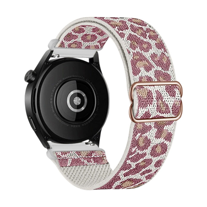 Bracelet Garmin femme en nylon tissé avec motif léopard rose et beige, boucle coulissante métallique rose gold.