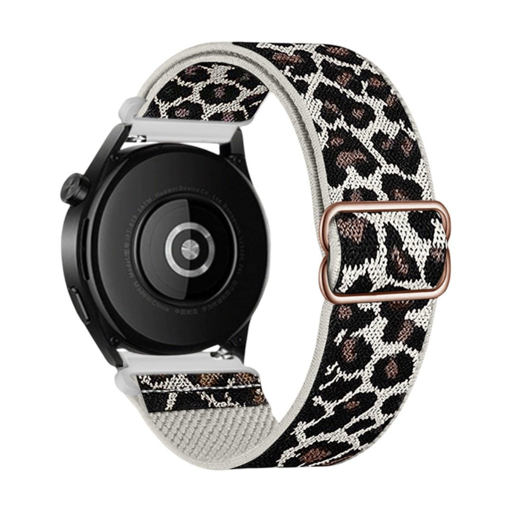 Bracelet Garmin en nylon tissé léopard noir et beige, boucle coulissante métallique rose doré, modèle Zorus.