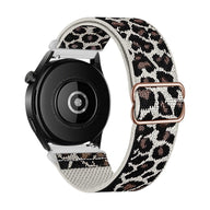 Bracelet Garmin en nylon tissé léopard noir et beige, boucle coulissante métallique rose doré, modèle Zorus.