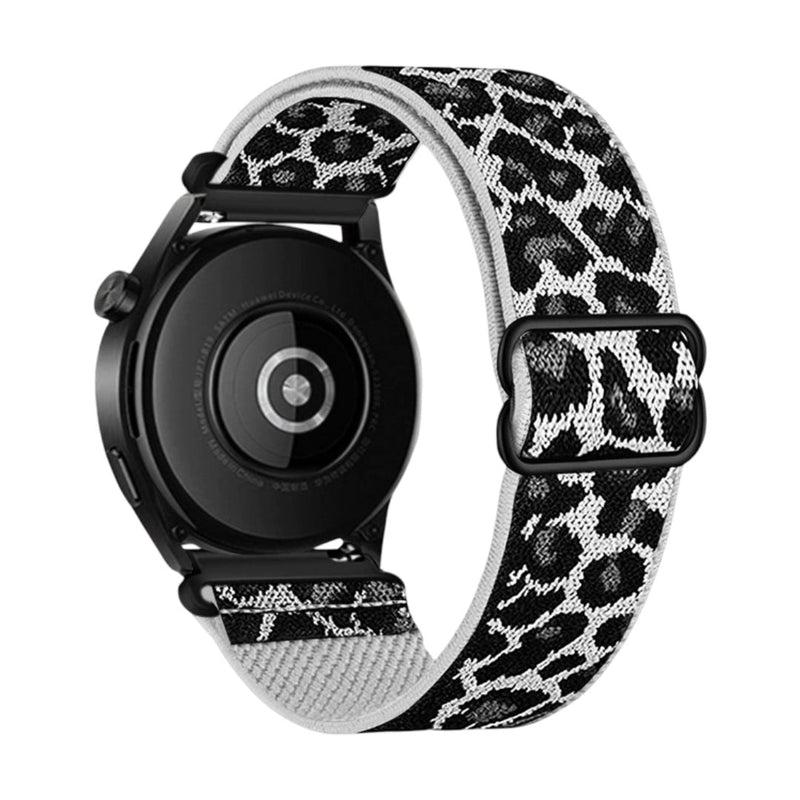 Bracelet Garmin en nylon tissé motif léopard noir et blanc avec boucle coulissante, modèle Zorus pour femme.